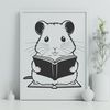Whimsical Hamster Reading a Book A small, furry animal sitting on a stack of books, reading.