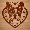 Boston Terrier Illustration with Love Hearts A colorful illustration of a friendly Boston Terrier with hearts around its head.
