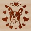 A portrait of a happy Boston Terrier with heart accents around its head.