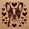 A detailed SVG illustration of a friendly Boston Terrier's head with subtle love hearts incorporated into its fur.