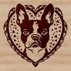 A stylized illustration of a friendly Boston Terrier's head with distinctive facial features and markings.