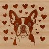 A charming illustration of a Boston Terrier's head with love hearts surrounding its features.