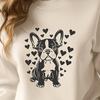 A cute Boston Terrier sitting in front of a heart-patterned background.