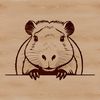 A close-up illustration of a capybara's face, peeking out from behind foliage.
