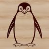 A black-and-white illustration of a penguin in a playful pose.