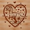 A prehistoric dino illustration featuring a dinosaur surrounded by love hearts.