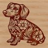 An illustration of a dachshund in a decorative setting, featuring floral elements.