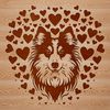 A small-sized Shetland Sheepdog breed with heart symbols surrounding its head.