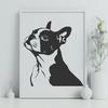 Stylized Dog Portrait SVG Design A stylized illustration of a Boston Terrier's head with facial features.