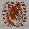 A stylized illustration of a Shetland sheepdog's head featuring heart motifs, suitable for vector graphics projects.