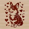 Welsh Corgi Clip Art with Love Hearts A stylized illustration of a sitting Welsh Corgi, surrounded by heart symbols.
