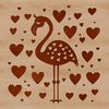 A single flamingo standing in shallow water with pairs of love hearts above its head.