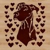 A close-up illustration of a Great Dane's head with love hearts surrounding its face.