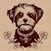 Adorable Floral Dog Portrait Illustrated portrait of a small, ornate Morkie dog with a floral design in the background.