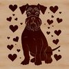 A small dog breed sitting on its hind legs, surrounded by love hearts.