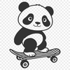 A black and white panda standing on its hind legs with a skateboard in front of it.
