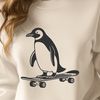 Cute Penguin on Skateboard Illustration A black and white illustration of a penguin standing on a skateboard, created as a vector graphic.