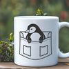 A black and white penguin graphic with a simple design.