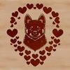 A cute Shiba Inu dog with love hearts surrounding its head.