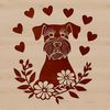 Close-up illustration of a miniature schnauzer's head with floral patterns and love hearts surrounding it.