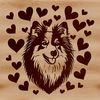 A stylized illustration of a Shetland sheepdog's head, featuring love hearts around its face.