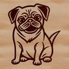 A simple line drawing of a cute pug sitting on its haunches.