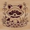 A raccoon graphic illustration with floral elements.