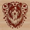 Shetland Sheepdog head illustration with love hearts in vector format.