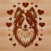 A detailed illustration of a Shetland Sheepdog's head with heart patterns incorporated into its fur.
