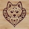 A vector graphic illustration of a Shiba Inu's head with ornate details and love hearts.