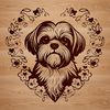 A vector illustration of the head of a small dog with ornate features.