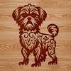 A stylized illustration of a standing Shih Tzu dog with ornate features.