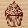 Illustrated cake design featuring a single cupcake with frosting and sprinkles.