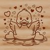 A colorful illustration of a duck featuring love hearts surrounding its body.