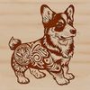 Free SVG Dog Silhouette Design A cartoon representation of a standing Welsh Corgi with ornate details, suitable for digital crafting projects.