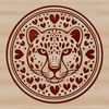 Whimsical Ocelot Portrait with Love Emblems A stylized illustration of a big cat's head with love hearts surrounding it.