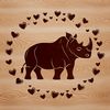 Rhino in Love A rhinoceros in a safari setting surrounded by heart shapes.
