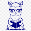 An illustration of a domesticated South American camelid animal, reading a book in a serene outdoor setting.
