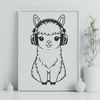 Cute Alpaca Wearing Headphones Close-up of a South American camelid, the alpaca, with headphones on its head.