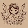 A minimalist vector illustration of a winged angel surrounded by floral motifs.