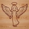A minimalist illustration of a celestial being with wings.