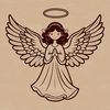 An outline illustration of a winged female figure in various poses.