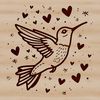 A colorful hummingbird in flight, with heart-shaped patterns surrounding its body.