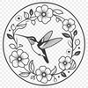 Colorful Hummingbird Perched on a Floral Bouquet A small, colorful hummingbird perched on a flower, with intricate details and vector lines.