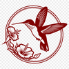 An illustration of a small bird with iridescent feathers, hovering near a cluster of flowers.