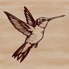 A small, iridescent hummingbird in mid-air, its wings spread wide as it hovers.