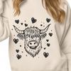 Whimsical Highland Cattle Illustration with Heart Details A stylized illustration of a Highland Cow with heart details, suitable for use as clip art.