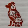 A detailed illustration of a sitting Australian Shepherd dog surrounded by flowers.