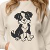 A close-up illustration of a sitting Australian Shepherd dog with a friendly expression.