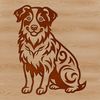 A portrait illustration of a sitting Australian Shepherd dog with a calm expression.